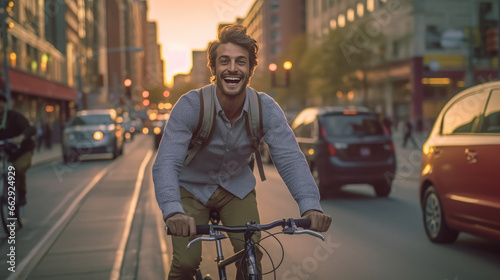 A young man is joyfully riding his bicycle along a city street © didiksaputra