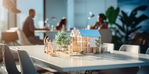 Building Dreams in a Modern Office  A House Model Takes Center Stage on a Table Surrounded by People  Discussing House Financing  Loans  Architectural Plans  Blueprints  and Rental Options