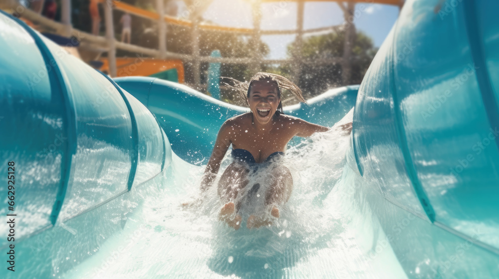 A happy person riding on the water slide in the waterpark - obrazy, fototapety, plakaty 