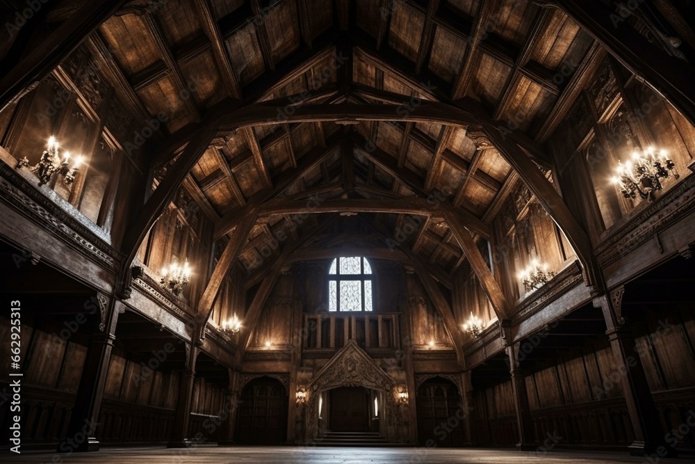 Eerie Gothic ceiling in shadowy castle hall exuding a Victorian ambiance with wooden walls and beams. Generative AI
