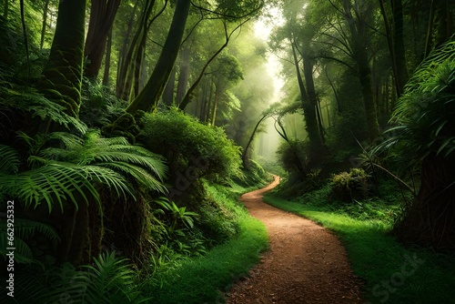 Hidden jungle path leading through thick foliage - AI Generative