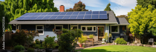 Solar panels on the roof of the house, eco energy, green technologies, sustainable resources photo