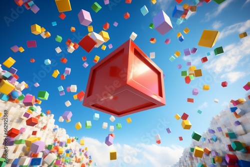 A 3D rendered box in the air filled with colorful toy bricks that are flying and floating outside. Generative AI