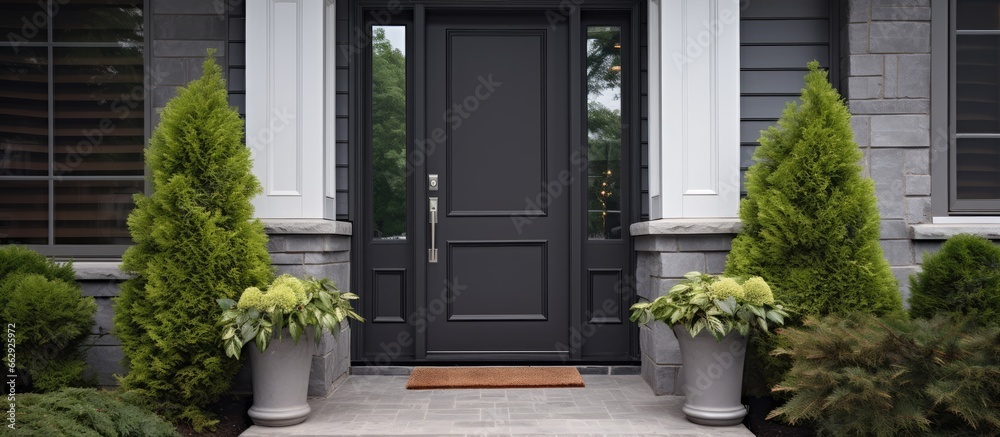 Classic style home with a dark gray front door With copyspace for text - obrazy, fototapety, plakaty 