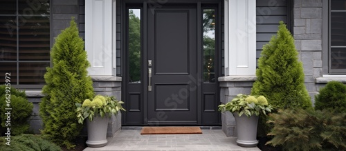 Photo Classic style home with a dark gray front door With copyspace for text