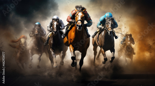 Equestrian Thunder: Dynamic Display of a Group of Racing Horses in Full Force at the Track, Horse Racing Excitement and Speed © Infinite Shoreline