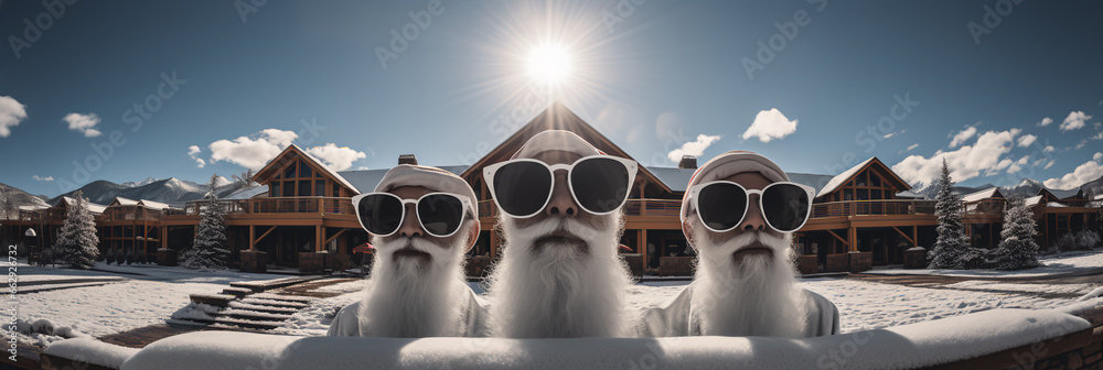 Three Santa’s wearing sunglasses peaking over s snow covered fence - ski resort - chalet - vacation - spa - holiday - getaway - extreme close-up shot - Christmas - winter  - obrazy, fototapety, plakaty 