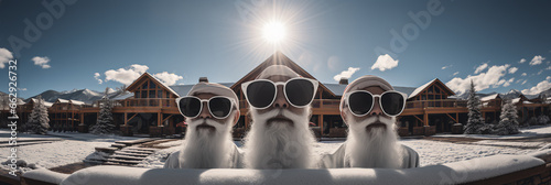 Three Santa’s wearing sunglasses peaking over s snow covered fence - ski resort - chalet - vacation - spa - holiday - getaway - extreme close-up shot - Christmas - winter  photo