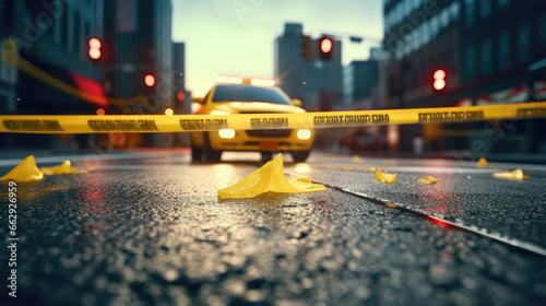 The law enforcement officer's yellow car and the crime scene tape are yellow