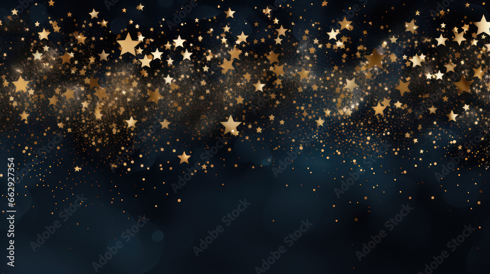 Gold stars glitter on navy blue background. Scattered sparkling particles, confetti and glowing dust. Holiday concept, horizontal banner for Christmas, New year celebration