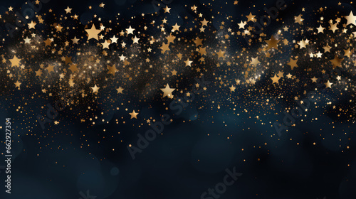 Gold stars glitter on navy blue background. Scattered sparkling particles, confetti and glowing dust. Holiday concept, horizontal banner for Christmas, New year celebration