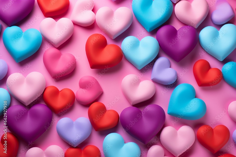 various colored hearts on a pink backdrop, made using advanced techniques. Generative AI