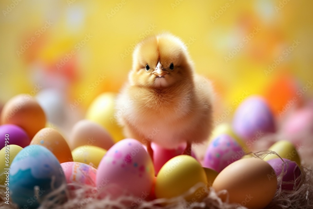 Cheerful Easter celebration. Adorable chick holds colorful eggs. Generative AI