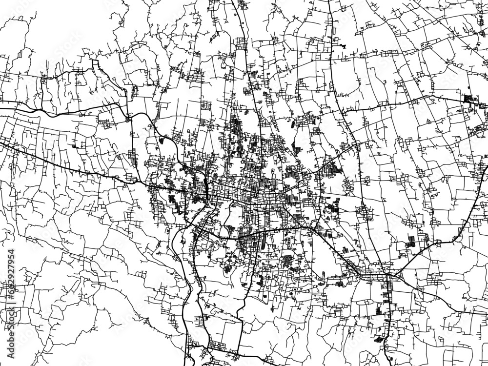 Vector road map of the city of  Purwokerto in Indonesia with black roads on a white background.