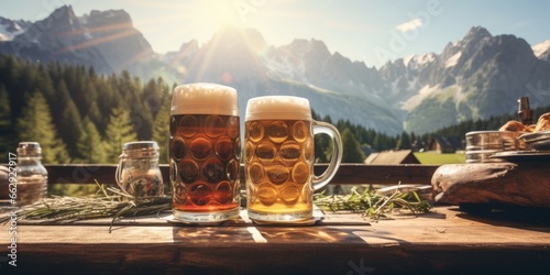 Foto Two Beer Jugs Rest on a Table at a Hut, with the Majestic Alps as a Backdrop, Ce