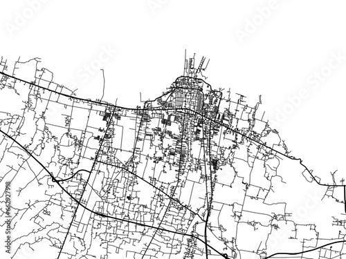 Vector road map of the city of  Probolinggo in Indonesia with black roads on a white background.