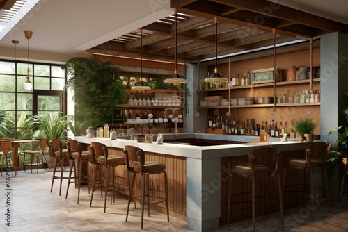 Kitchen and bar in a 3D rendering. Generative AI