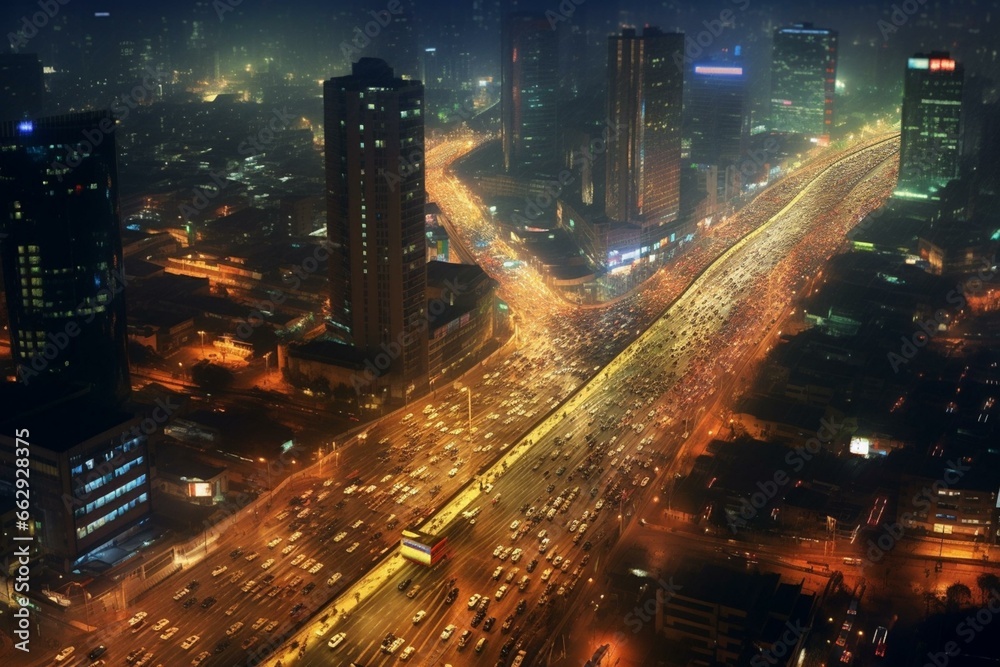 bird's-eye view of bustling nocturnal traffic. Generative AI