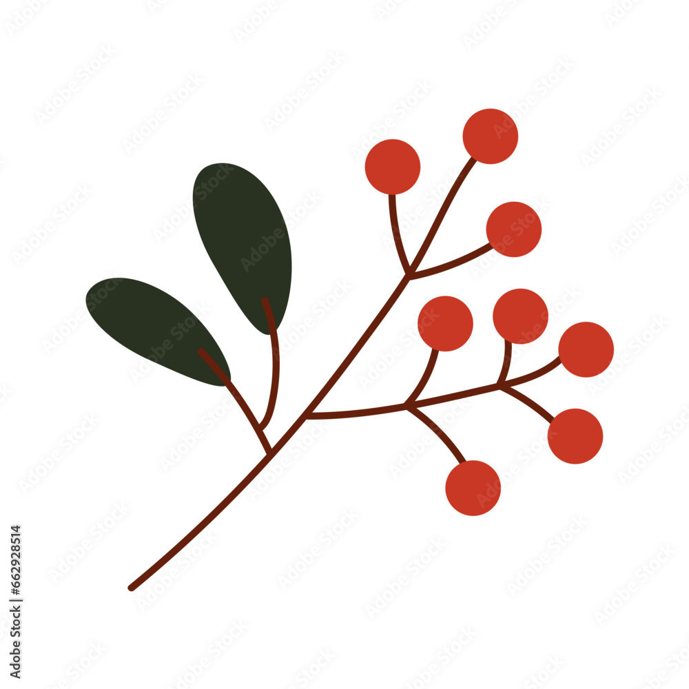 Vector sprig of red wild berries isolated on a white background. Vector illustration of a branch of cranberry, barberry, lingonberry in flat style. Vector sprig of red wild berries isolated on a white background. Vector illustration of a branch of cranberry, barberry, lingonberry in flat style.