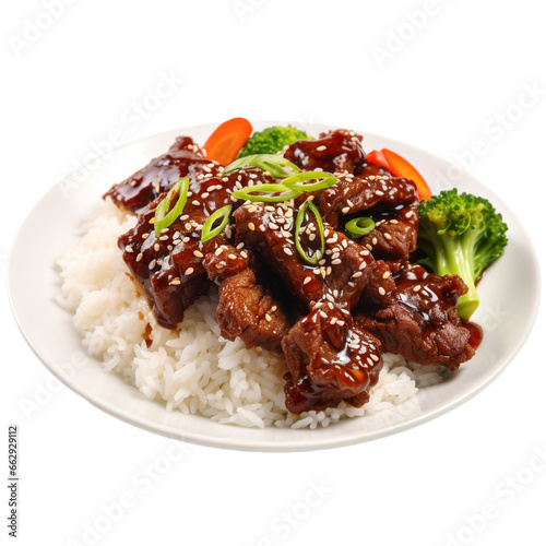 beef teriyaki with rise and vegetables isolated on wooden board on white background, ai generated