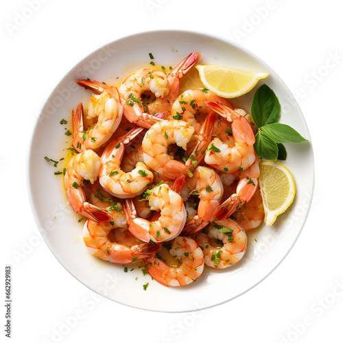 plate of shrimp with lemon top view isolated on white background, ai generated