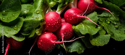 Fresh red radish vegetables, with water drops over it, closeup macro detail. Generative AI