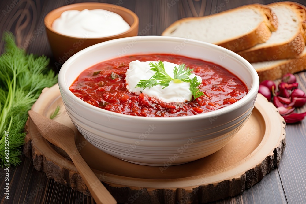 Borscht with sour cream and rye bread on a wooden table. Copy space Borscht with sour cream and rye bread on a wooden table. Copy space