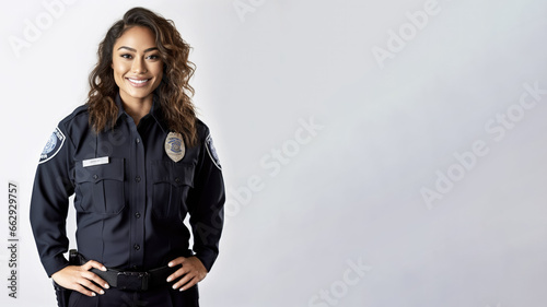 Mixed race woman wearing uniform, police officer or cop, studio portrait with light background, banner copy space on side. Generative AI photo