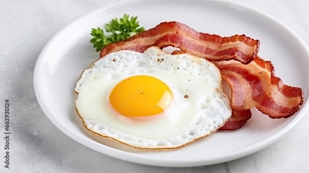 Bacon and eggs on a light gray background. Copy space. Food Photography Bacon and eggs on a light gray background. Copy space. Food Photography