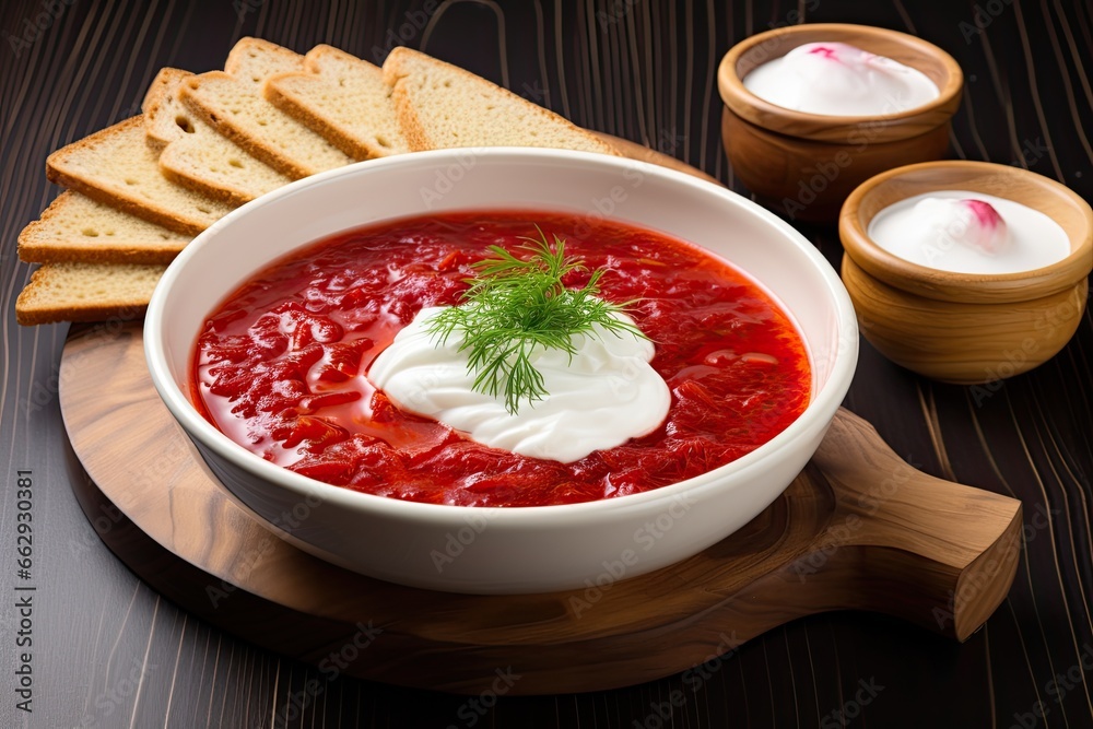 Borscht with sour cream and rye bread on a wooden table. Copy space Borscht with sour cream and rye bread on a wooden table. Copy space