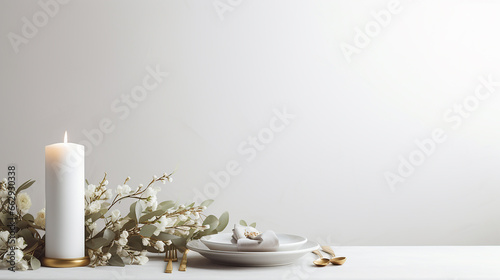 decoração de casamento mesa minimalista branca e verde com eucalipto e velas, espaço para texto,