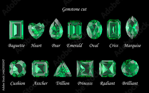 Set of emeralds in different cuts. Cutting scheme. Crystals on a black background. Jewelry technologies. 3d rendering.