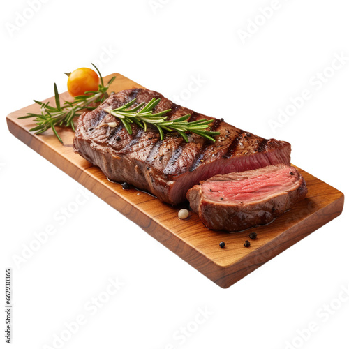 tasty New York strip steak with rosemary isolated on white background, ai generated