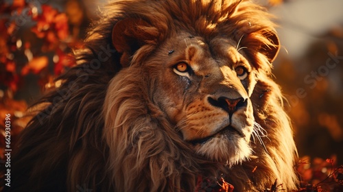 The regal portrait of a lion against the backdrop of the African savanna.
