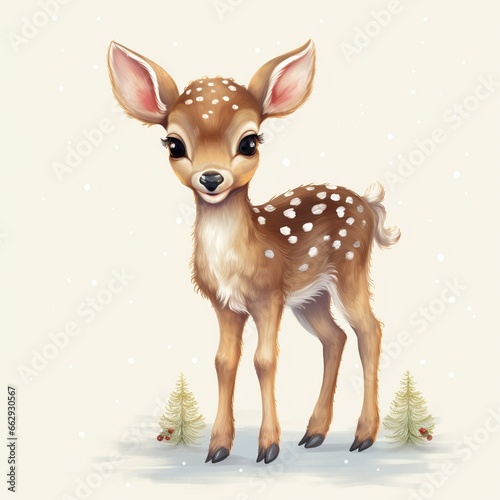 Christmas little deer watercolor in beautiful style. Cartoon illustration on white background