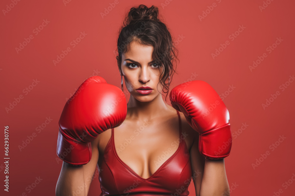 Young woman with red boxing gloves, serious face expression. Generative AI Young woman with red boxing gloves, serious face expression. Generative AI