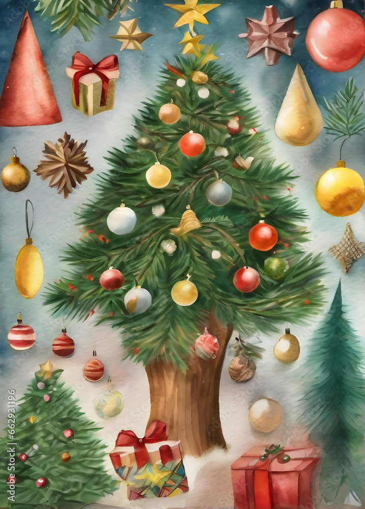 Christmas tree painted background knolling watercolour Kodachrome. Christmas tree painted background knolling watercolour Kodachrome.