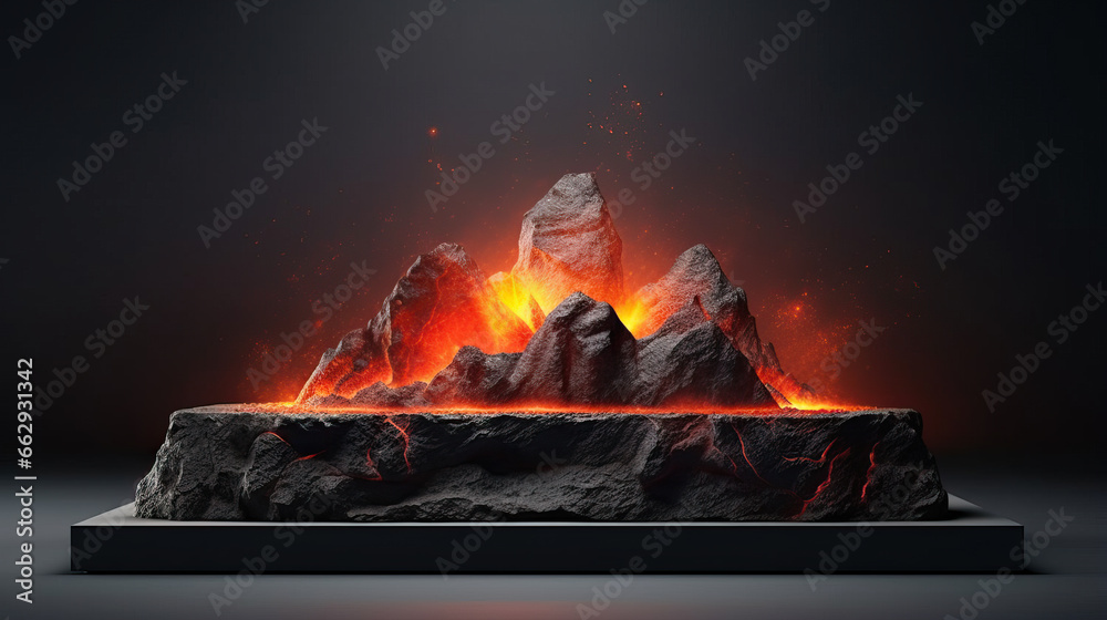 Podium lava rocks smelt on volcano with magma and lava erupt. stage for product display, blank showcase, mock up template presentation - obrazy, fototapety, plakaty 