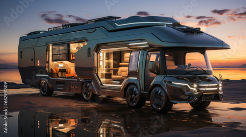 Beachfront Escape: Modern Motorhome by the Sea. Generative AI