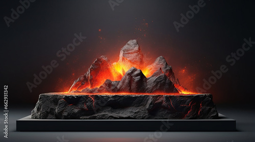 Podium lava rocks smelt on volcano with magma and lava erupt. stage for product display, blank showcase, mock up template presentation photo