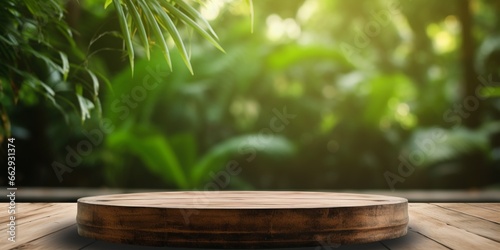 Wood tabletop counter podium floor in outdoors tropical garden forest blurred green leaf plant nature background.Natural product placement pedestal stand display spring summer natural product concept.