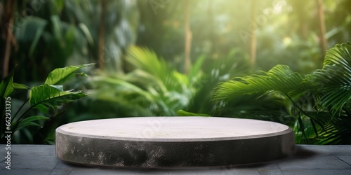 Concrete stone podium in tropical forest for product presentation and display, blurred green floral background. © JW Studio