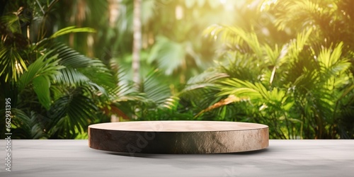 Concrete stone podium in tropical forest for product presentation and display, blurred green floral background.