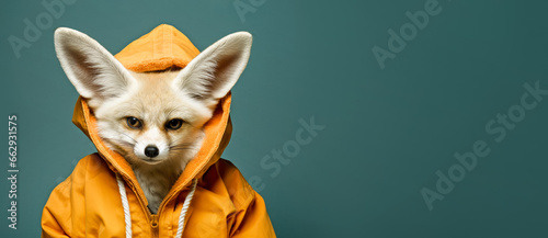 Funny looking fennec fox with prominent large ears wearing sport sweatshirt hoodie. Wide banner with copy space on side. Generative AI