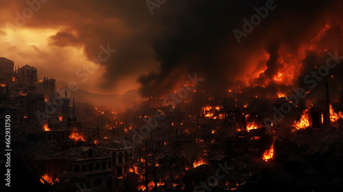 A post-apocalyptic ruined city. Destroyed buildings  burnt-out vehicles and ruined roads. 3D rendering. 3D Illustration