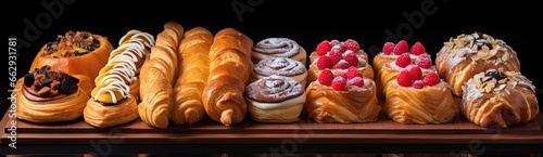 closeup various type of pastries bread and sweet snack on tray, Generative Ai