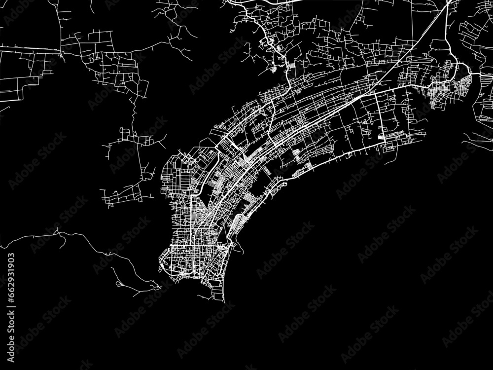 Vector road map of the city of  Cilacap in Indonesia with white roads on a black background.