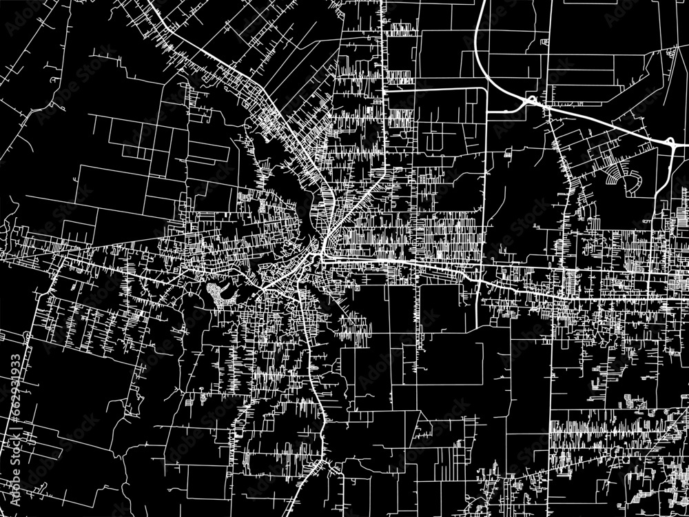 Vector road map of the city of  Binjai in Indonesia with white roads on a black background.