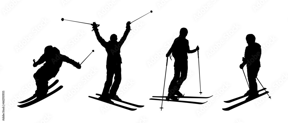 Set of silhouette of skier, skiing - vector illustration  - obrazy, fototapety, plakaty 