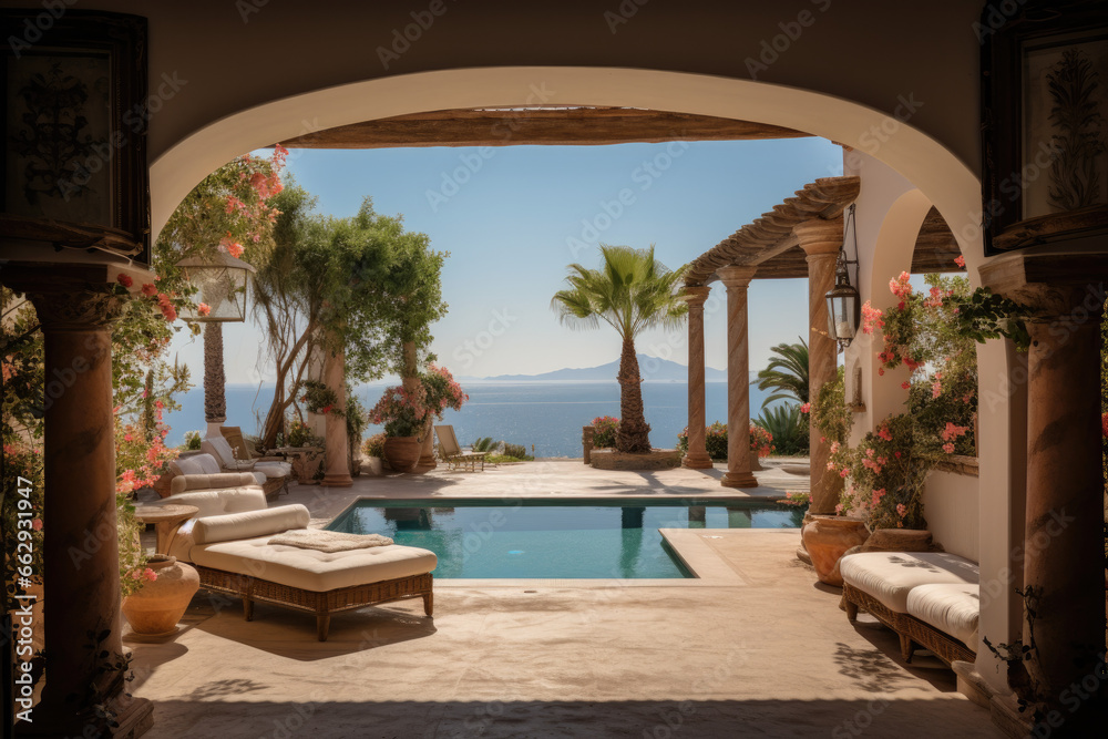 Expansive Living Room with Several White Couches, Featuring a Panoramic Sea View through Large Windows, Creating a Tranquil and Stylish Retreat